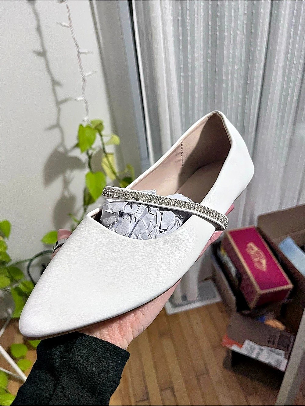 Pointed-Toe Rhinestone Strap Flats in White Like New